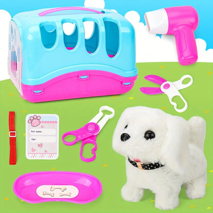Pet Puppy Care Accessories with Dog  House -Simulated Brador Dog Call Plush Toy - Children Interactive Vet Clinic Doctor - Role