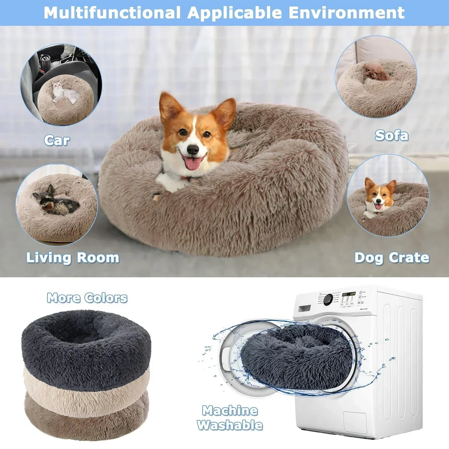 Long haired ultra soft pet cat bed plush washable calming bed donut bed comfortable sleeping artifact